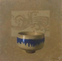 A still-life painting, Pot and Pattern II by Catherine Moffat at The Avenue Gallery, a contemporary fine art gallery in Victoria, British Columbia, Canada.