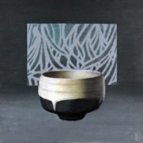 A still-life painting, Pot and Pattern by Catherine Moffat at The Avenue Gallery, a contemporary fine art gallery in Victoria, British Columbia, Canada.