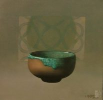 Still-life painting, Turquoise and Raku Pot with Patch by Catherine Moffat at The Avenue Gallery, a contemporary fine art gallery in Victoria, BC, Canada.