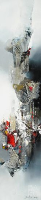 Vertical abstract painting, Inner City by Hyun Jou-Lee at The Avenue Gallery, a contemporary fine art gallery in Victoria, BC, Canada.