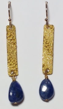 22kt. Gold Long Textured Earrings with Sapphire Drops by Veronica Stewart at The Avenue Gallery, a contemporary fine art gallery in Victoria, BC, Canada.