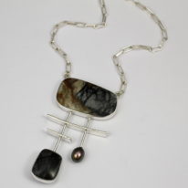 Picasso Jasper and Freshwater Pearl Pendant by Brenda Roy at The Avenue Gallery, a contemporary fine art gallery in Victoria, BC, Canada.
