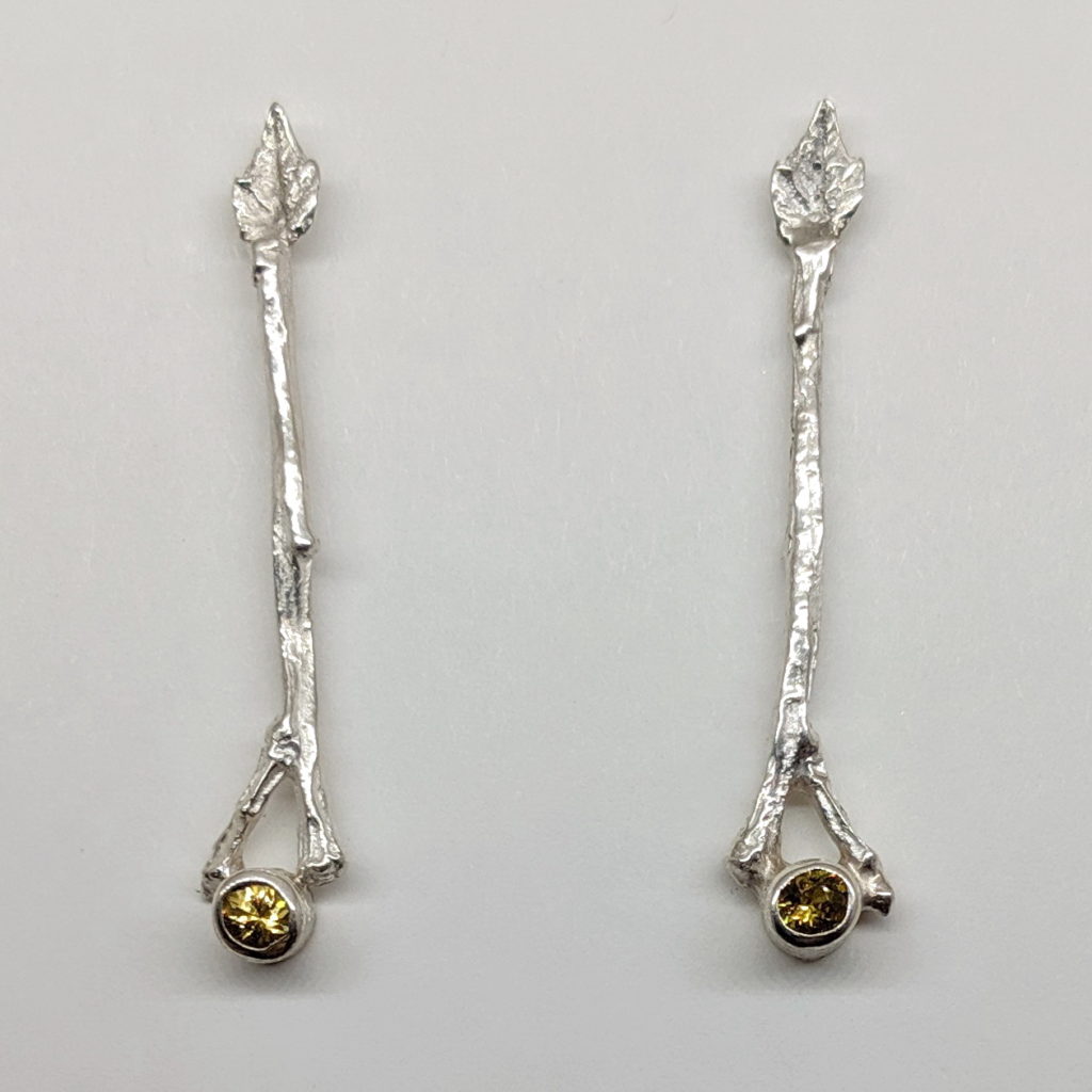 Twig with Little Leaf & Citrine Earrings by Andrea Russell at The Avenue Gallery, a contemporary fine art gallery in Victoria, BC, Canada.