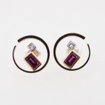 Gold Earrings with Rhodolite Garnets & Diamonds by Bayot Heer at The Avenue Gallery, a contemporary fine art gallery in Victoria, BC, Canada.