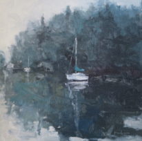 White Boat, Foggy Morning by Maria Josenhans at The Avenue Gallery, a contemporary fine art gallery in Victoria, BC, Canada.