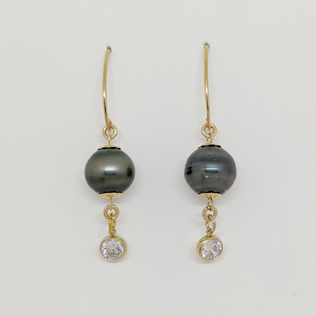 Yellow Gold-Filled Earrings with Tahitian Pearl & CZ by Val Nunns at The Avenue Gallery, a contemporary fine art gallery in Victoria, BC, Canada