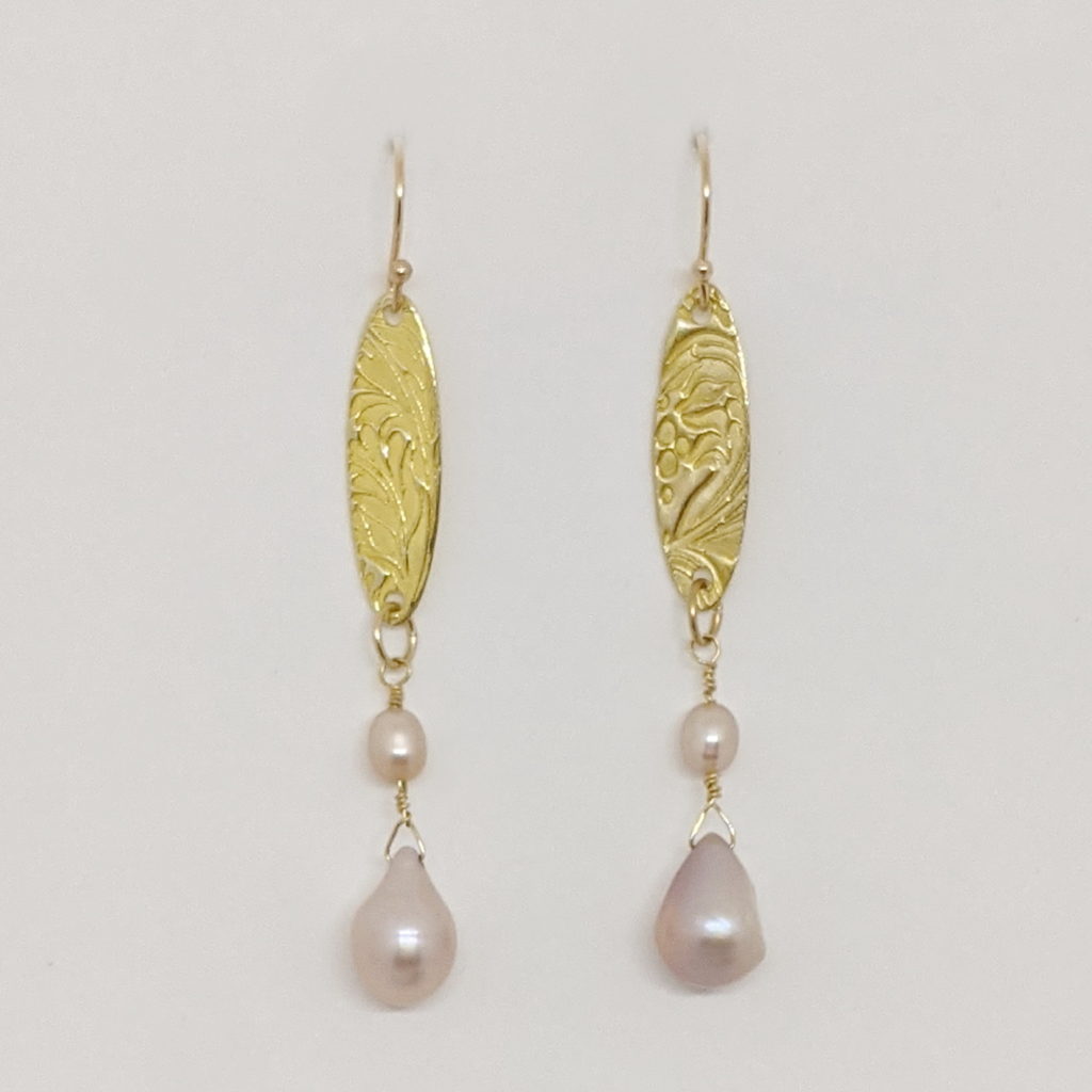 22kt. Gold Earrings with Pink Freshwater Pearls by Veronica Stewart at The Avenue Gallery, a contemporary fine art gallery in Victoria, BC, Canada.