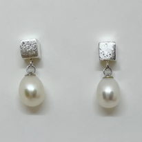 Scribbled Square Cub Stud Earrings with White Pearl Dangles by Chi's Creations at The Avenue Gallery, a contemporary fine art gallery in Victoria, BC, Canada.