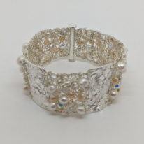 Fine Silver Textured Cuff with Crochet Wire, Freshwater Pearls & Swarovski Crystals by Veronica Stewart at The Avenue Gallery, a contemporary fine art gallery in Victoria, BC, Canada.