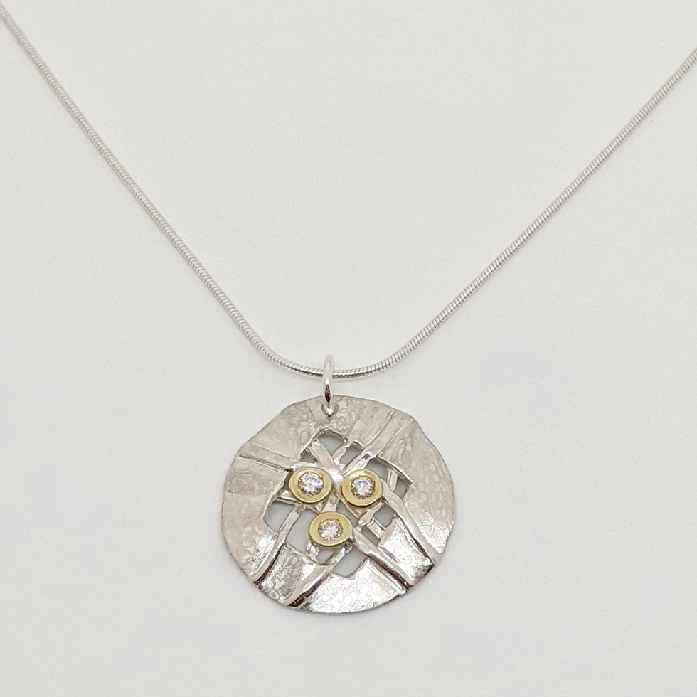 Woven Scribble Round Disc Necklace with Triple Diamond by Chi's Creations at The Avenue Gallery, a contemporary fine art gallery in Victoria, BC, Canada.