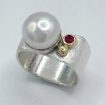 Large Square Scribbled Ring with Mabe Pearl & Ruby by Chi's Creations at The Avenue Gallery, a contemporary fine art gallery in Victoria, BC, Canada.