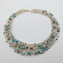 Crocheted Gold-Fill Wire Collar with Turquoise, Blue Pearls & Blue Swarovski Crystals by Veronica Stewart at The Avenue Gallery, a contemporary fine art gallery in Victoria, BC, Canada.