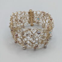 Gold-Fill Wire Crochet Bracelet with White Pearls & Swarovski Crystals by Veronica Stewart at The Avenue Gallery, a contemporary fine art gallery in Victoria, BC, Canada.