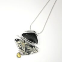 Pinolith, Picasso Jasper & Rosecut Yellow Tourmaline Pendant by Brenda Roy at The Avenue Gallery, a contemporary fine art gallery in Victoria, BC, Canada.