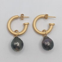 Tahitian Pearl Earrings on Yellow Gold Plated Hoops (pearls are detachable) by Val Nunns at The Avenue Gallery, a contemporary fine art gallery in Victoria, BC, Canada.
