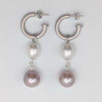 Rhodium Plated Silver Hoop with Drop of White Freshwater Pearls and Edison Pearls in Pink by Val Nunns at The Avenue Gallery, a contemporary fine art gallery in Victoria, BC, Canada.