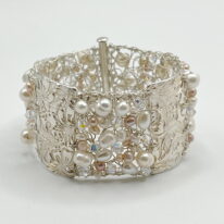 Fine Silver Crochet Cuff with Textured Bars, White and Pink Pearls, and Clear Swarovski Crystals by Veronica Stewart at The Avenue Gallery, a contemporary fine art gallery in Victoria, BC, Canada.