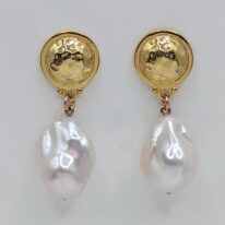 White Baroque Pearl Earrings with Gold-Plated Button Posts by Val Nunns at The Avenue Gallery, a contemporary art gallery, Victoria, BC, Canada.