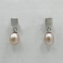 Scribbled Square Cube Stud Earrings with Pink Pearl Dangles by Chi’s Creations at The Avenue Gallery, a contemporary fine art gallery in Victoria, BC, Canada.