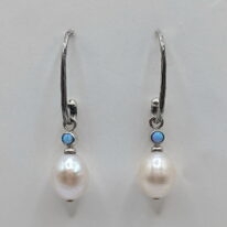 Freshwater Pearl & Blue Opal Earrings with Removable Sterling Silver Wires by Val Nunns at The Avenue Gallery, a contemporary fine art gallery in Victoria, BC, Canada.