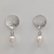 Balanced Scribbled Disc Dangle Earrings with White Pearls by Chi's Creations at The Avenue Gallery, a contemporary fine art gallery in Victoria, BC, Canada.