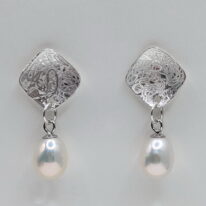 Balanced Scribbled Rectangle Disc Dangle Earrings with White Pearls by Chi's Creations at The Avenue Gallery, a contemporary fine art gallery in Victoria, BC, Canada.