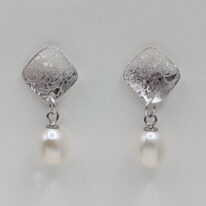 Balanced Scribbled Rectangle Disc Dangle Earrings with White Pearls by Chi's Creations at The Avenue Gallery, a contemporary fine art gallery in Victoria, BC, Canada.