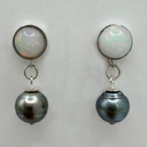Ethiopian Opal & Tahitian Pearl Earrings by Val Nunns at The Avenue Gallery, a contemporary fine art gallery in Victoria, BC, Canada.