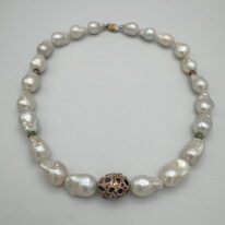 Baroque Pearl Necklace with Sapphire, Amethyst & Tourmaline by Val Nunns at The Avenue Gallery, a contemporary fine art gallery in Victoria, BC, Canada.