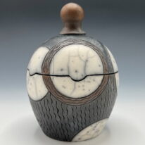 Naked Raku Jar (Circles) by Jan Lovewell at The Avenue Gallery, a contemporary fine art gallery in Victoria, BC, Canada.
