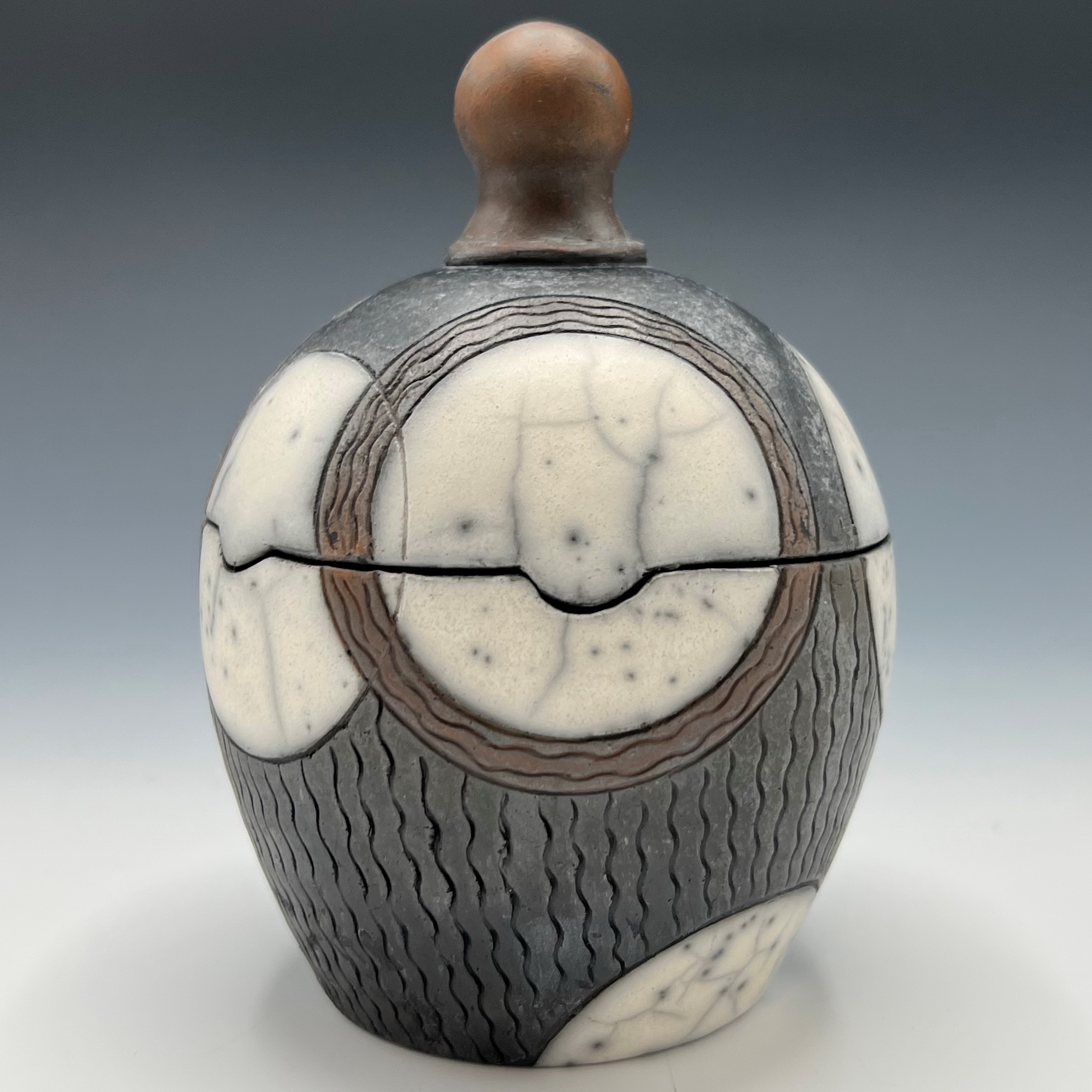 Naked Raku Jar (Circles) by Jan Lovewell - The Avenue Gallery