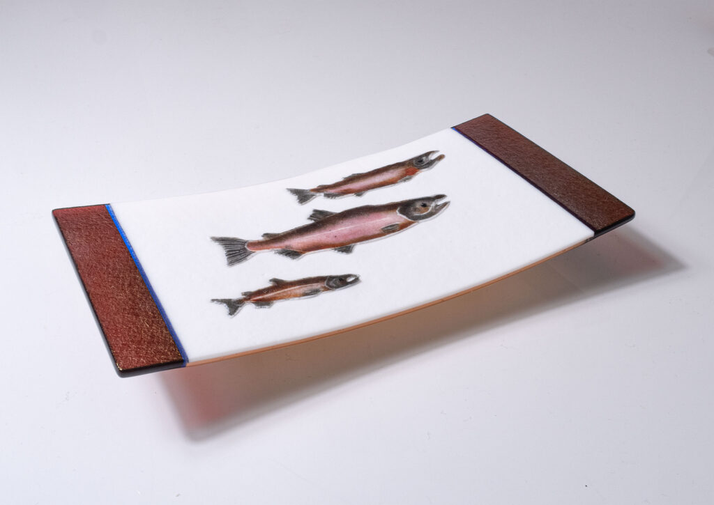 Three Spawning Chinook Salmon Sushi Dish by Bob Leatherbarrow at The Avenue Gallery, a contemporary fine art gallery in Victoria, BC, Canada.