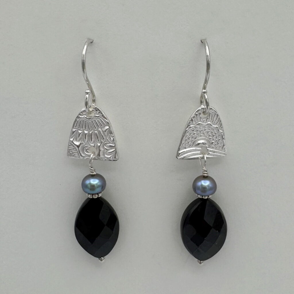 Fine Silver Textured Shapes Earrings with Onyx by Veronica Stewart at The Avenue Gallery, a contemporary fine art gallery in Victoria, BC, Canada.