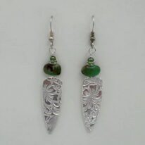 Fine Silver Textured Shields Earrings with Green Peruvian Opal by Veronica Stewart at The Avenue Gallery, a contemporary fine art gallery in Victoria, BC, Canada.