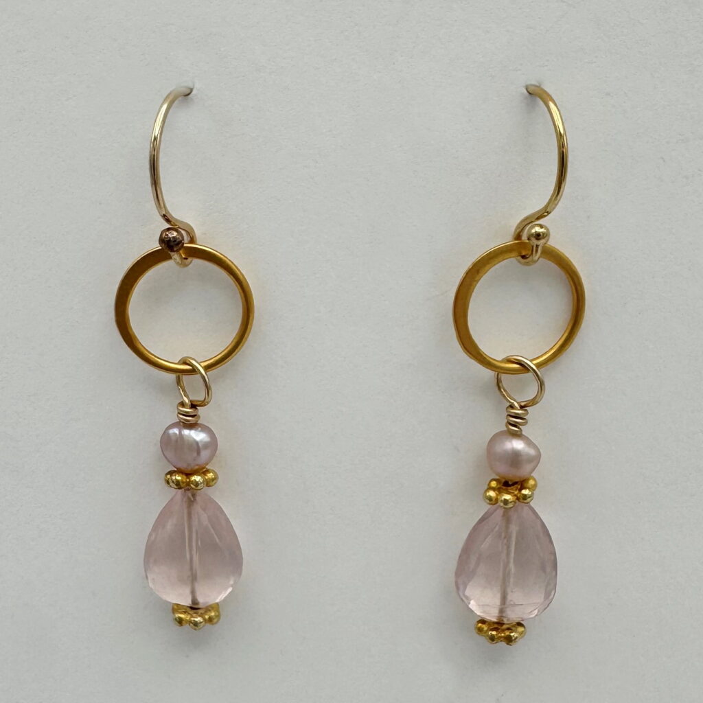 Gold-Fill Earrings with Rose Quartz by Veronica Stewart at The Avenue Gallery, a contemporary fine art gallery in Victoria, BC, Canada.