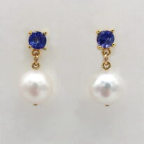 Tanzanite & White Pearl Earrings with Gold Plated Settings by Val Nunns at The Avenue Gallery, a contemporary fine art gallery in Victoria, BC, Canada.