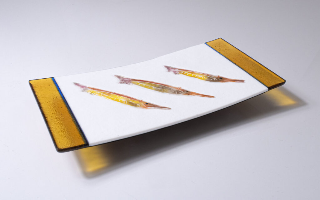 Three Red Shrimp Fish Sushi Dish by Bob Leatherbarrow at The Avenue Gallery, a contemporary fine art gallery in Victoria, BC, Canada.