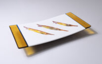 Three Red Shrimp Fish Sushi Dish by Bob Leatherbarrow at The Avenue Gallery, a contemporary fine art gallery in Victoria, BC, Canada.