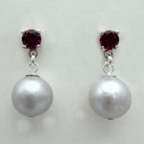Silver Pearl & Raspberry Garnet Earrings by Val Nunns at The Avenue Gallery, a contemporary fine art gallery in Victoria, BC, Canada.