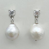 White Baroque Pearl & Lab Grown Diamond Earrings by Val Nunns at The Avenue Gallery, a contemporary fine art gallery in Victoria, BC, Canada.