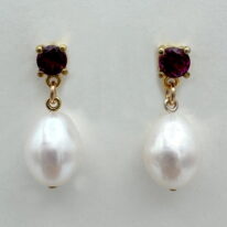White Freshwater Pearl & Raspberry Garnet Earrings by Val Nunns at The Avenue Gallery, a contemporary fine art gallery in Victoria, BC, Canada.