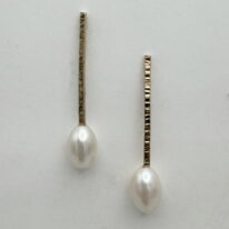 Hammered 14kt. Gold-Filled Stick Earrings with Baroque Pearls by Chi's Creations at The Avenue Gallery, a contemporary fine art gallery in Victoria, BC, Canada.