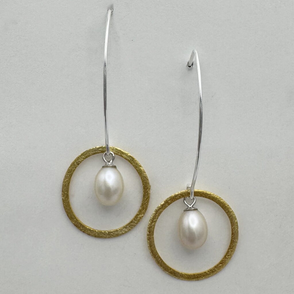 Brushed Vermeil Open Ring with White Pearl Dangle Earrings by Chi's Creations at The Avenue Gallery, a contemporary fine art gallery in Victoria, BC, Canada.