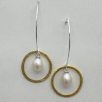 Brushed Vermeil Open Ring with White Pearl Dangle Earrings by Chi's Creations at The Avenue Gallery, a contemporary fine art gallery in Victoria, BC, Canada.