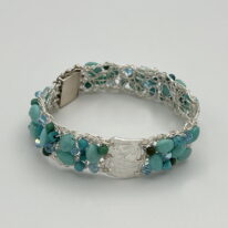 Crocheted Fine Silver Wire Cuff with Textured Squares and Turquoise, Swarovski Crystals and Pearls by Veronica Stewart at The Avenue Gallery, a contemporary fine art gallery in Victoria, BC, Canada.