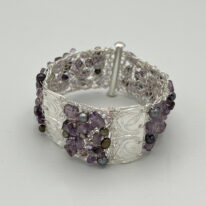 Crocheted Fine Silver Wire Cuff with Textured Bars and Amethyst, Swarovski Crystals and Pearls by Veronica Stewart at The Avenue Gallery, a contemporary fine art gallery in Victoria, BC, Canada.