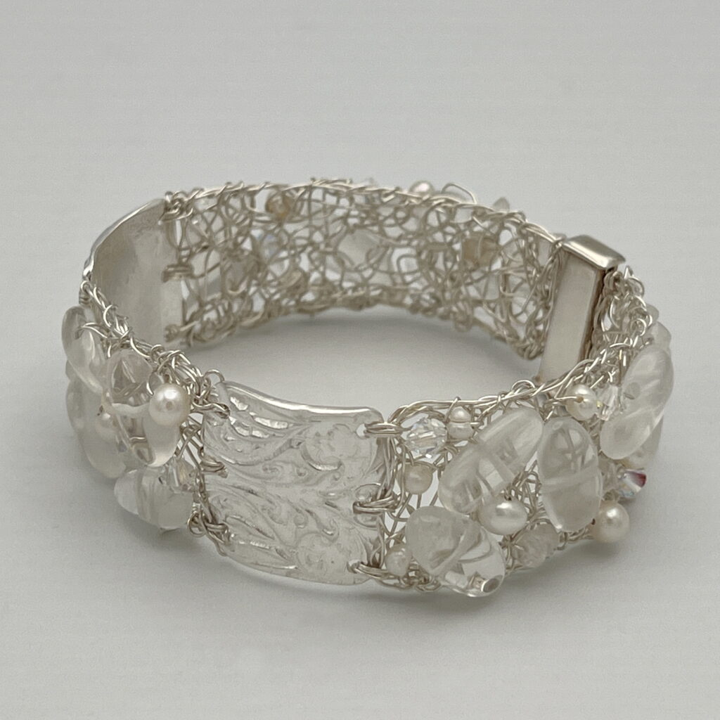 Crocheted Fine Silver Wire Cuff with Textured Squares & Moonstones, Swarovski Crystals & Pearls by Veronica Stewart at The Avenue Gallery, a contemporary fine art gallery in Victoria, BC, Canada.