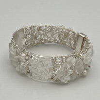 Crocheted Fine Silver Wire Cuff with Textured Squares & Moonstones, Swarovski Crystals & Pearls by Veronica Stewart at The Avenue Gallery, a contemporary fine art gallery in Victoria, BC, Canada.