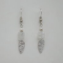 Small Fine Silver Shield Earrings with Moonstone & Pearls by Veronica Stewart at The Avenue Gallery, a contemporary fine art gallery in Victoria, BC, Canada.