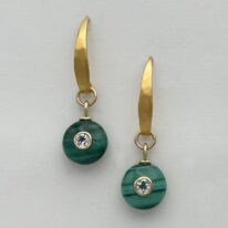 Malachite, Kunzite & Gold-Plated Earrings by Val Nunns at The Avenue Gallery, a contemporary fine art gallery in Victoria, BC, Canada.